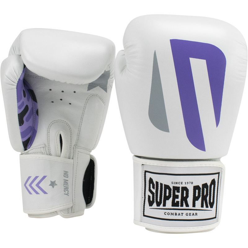 Super Pro Combat Gear (kick)bokshandschoenen Leder No Mercy , wit - paars - zilver